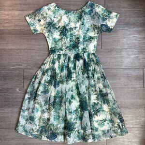Vintage 50s Floral Chiffon Green & White Cocktail Dress Knee Length Size 8